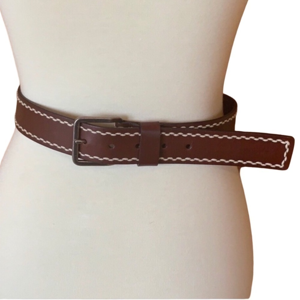 LOFT brown leather belt with cream stitch Size Small